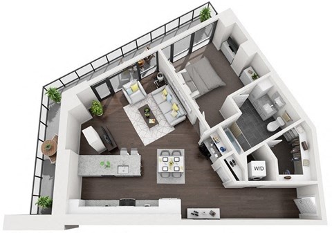 Floor plan for 1 bed, 1 bath, 961 sqft